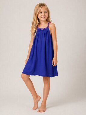 2/$30 Lands' End Girl's Casual Pompom Halter Tent Dress Blue 7- 8 #A2798